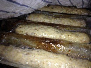 Baguetterna jag bakade ut för ett par timmar sedan. De innehåller råg, vetekli och extra fibertillskott. De ligger underplast i en baguetteform, som ger dem en rund botten. 