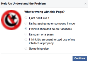 2. Här bör du välja att säga att det du anmäler inte ska vara på Facebook.