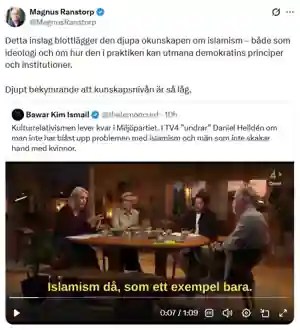 Skärmdump av Magnus Ranstorps inlägg om islamism och handskakning, med ett citerat inlägg från Bawar Ismail och en TV4-bild.